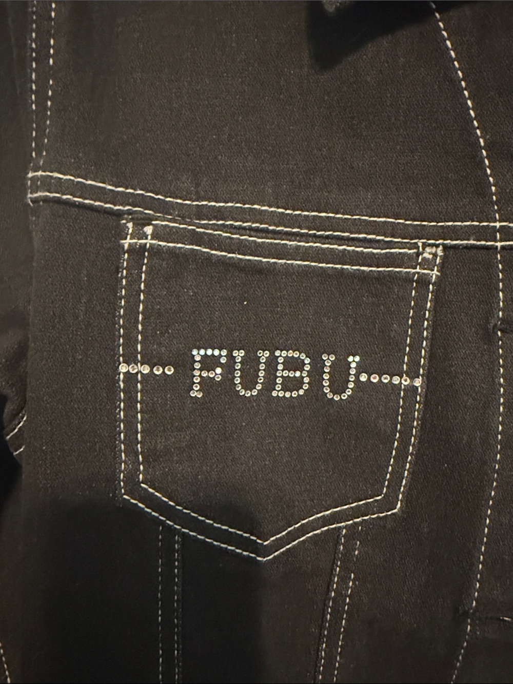 FUBU Vintage Y2K Bling Black Denim Streetwear Jacket with White Stitching Size M - Picture 8 of 9